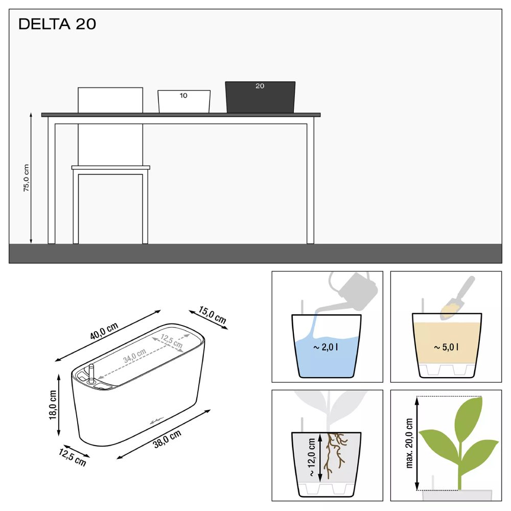 Вазон LECHUZA Delta Premium 20 Anthracite (15563) Дополнительно Емкость для воды: 2 л. Объем для растений: 5 л. Система автополива. Дренаж в комплекте. Съемный внутренний горшок. Качественный пластик.