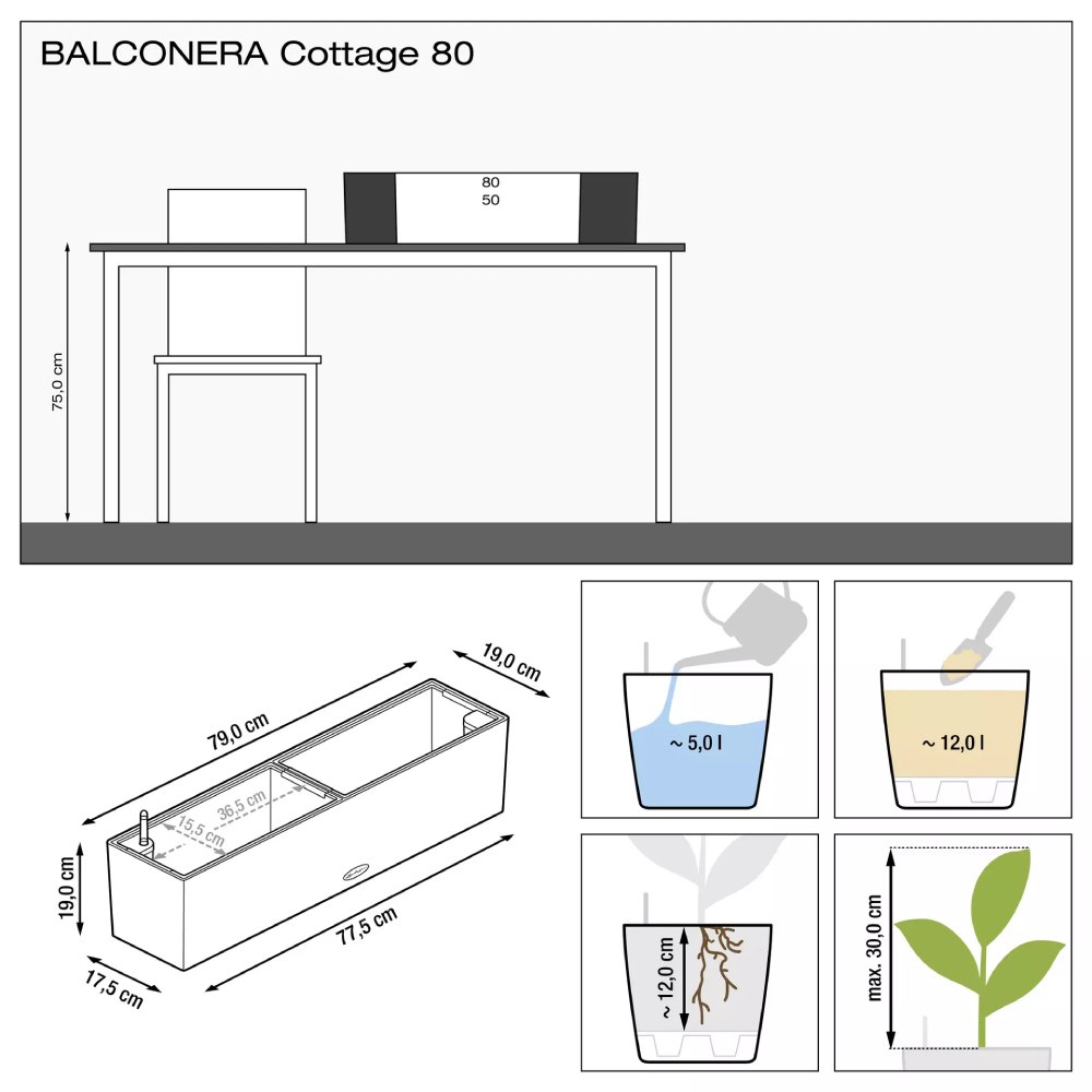 Вазон LECHUZA BALCONERA Cottage 80 Graphite Black (15619) Дополнительно Емкость для воды: 5 л. Объем для растений: 12 л. Система автополива. Дренаж в комплекте. Съемный внутренний горшок. Качественный пластик.