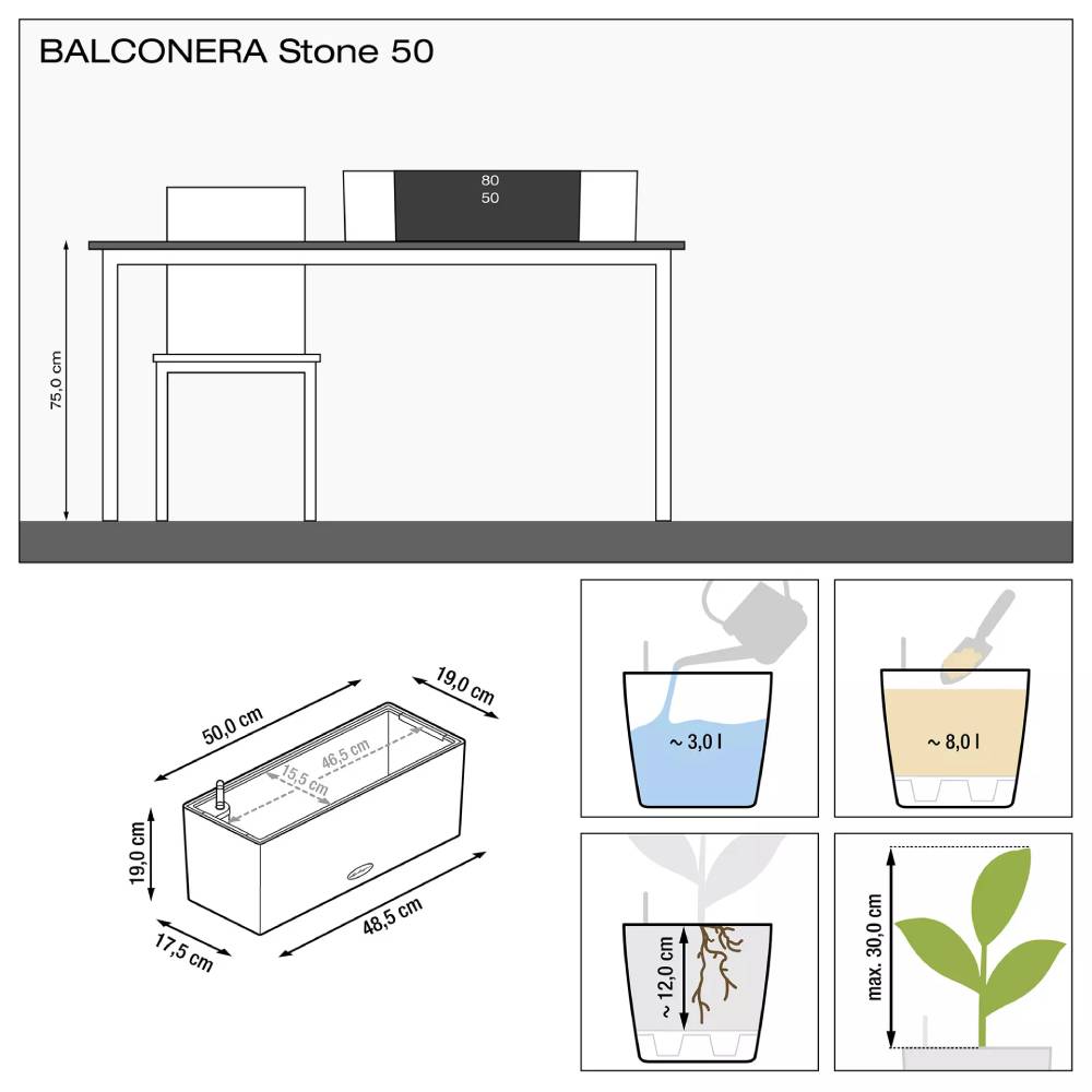 Вазон LECHUZA BALCONERA Stone 50 Quartz White (15657) Дополнительно Емкость для воды: 3 л. Объем для растений: 8 л. Система автополива. Дренаж в комплекте. Съемный внутренний горшок. Качественный пластик.