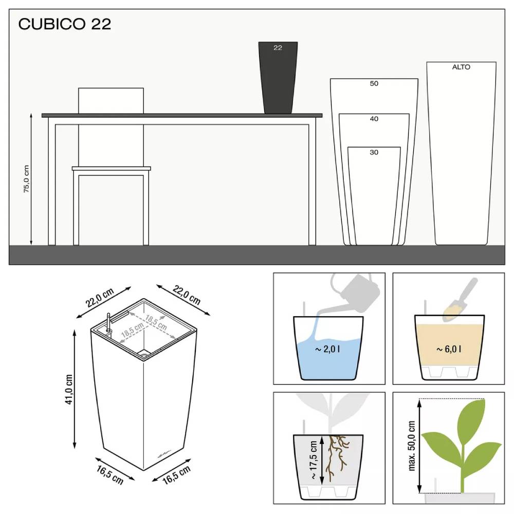 Вазон LECHUZA Cubico Premium 22 Білий (18460) Розміри 22х22х41