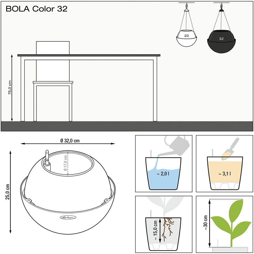 Вазон LECHUZA Bola Color 32 White (16850) Матеріал пластик