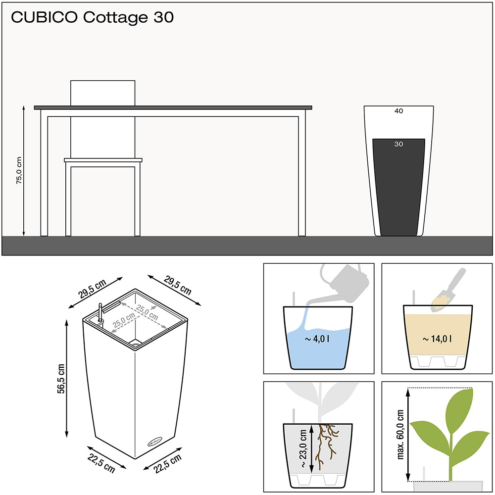 Вазон LECHUZA Cubico Cottage 30 Mocha (15225) Дополнительно Внутренние размеры 25 x 25 x 23 см; С автополивом; Объем резервуара для воды 4 л; Максимальная высота растения 60 см;