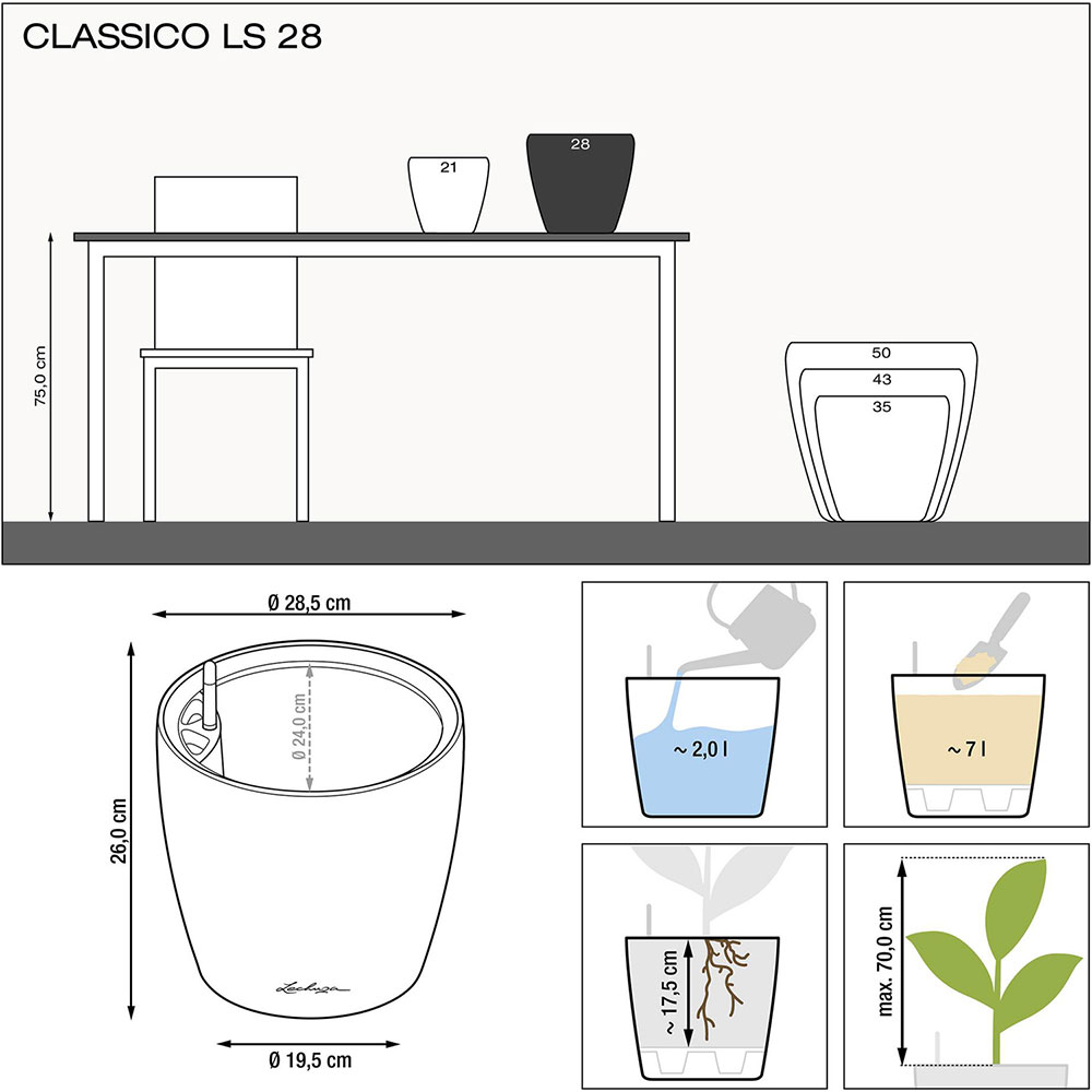 Вазон LECHUZA Classico Color LS 28 White (14270) (4008789142702) Дополнительно система автополива, емкость для воды: 2 л, объем для растений: 7 л, размер внутреннего горшка: Ø 27 см, глубина посадки: 17,5 см, макс. высота растения: 70 см