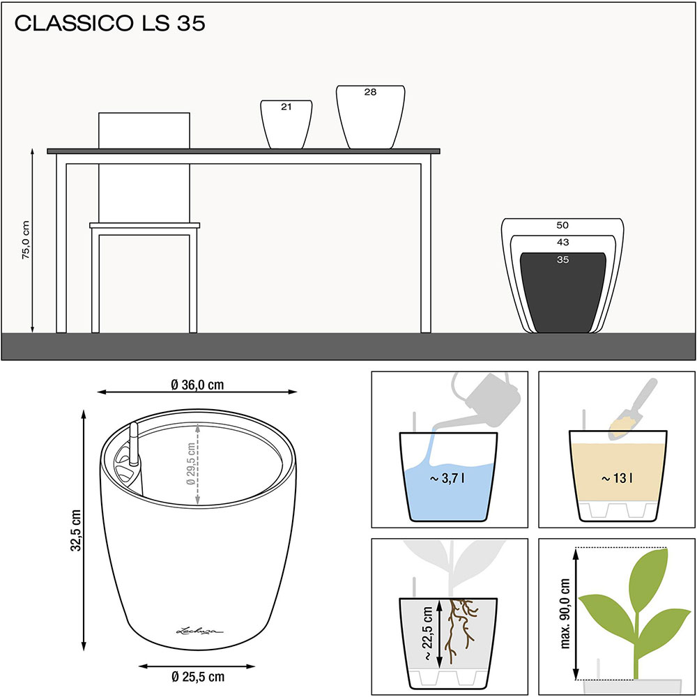 Вазон LECHUZA Classico Color LS 35 Песочно-коричневый (14282) (4008789142825) Дополнительно система автополива, емкость для воды: 3,7 л, объем для растений: 7 л, размер внутреннего горшка: Ø 33,5 см, глубина посадки: 22,5 см, макс. высота растения: 90 см