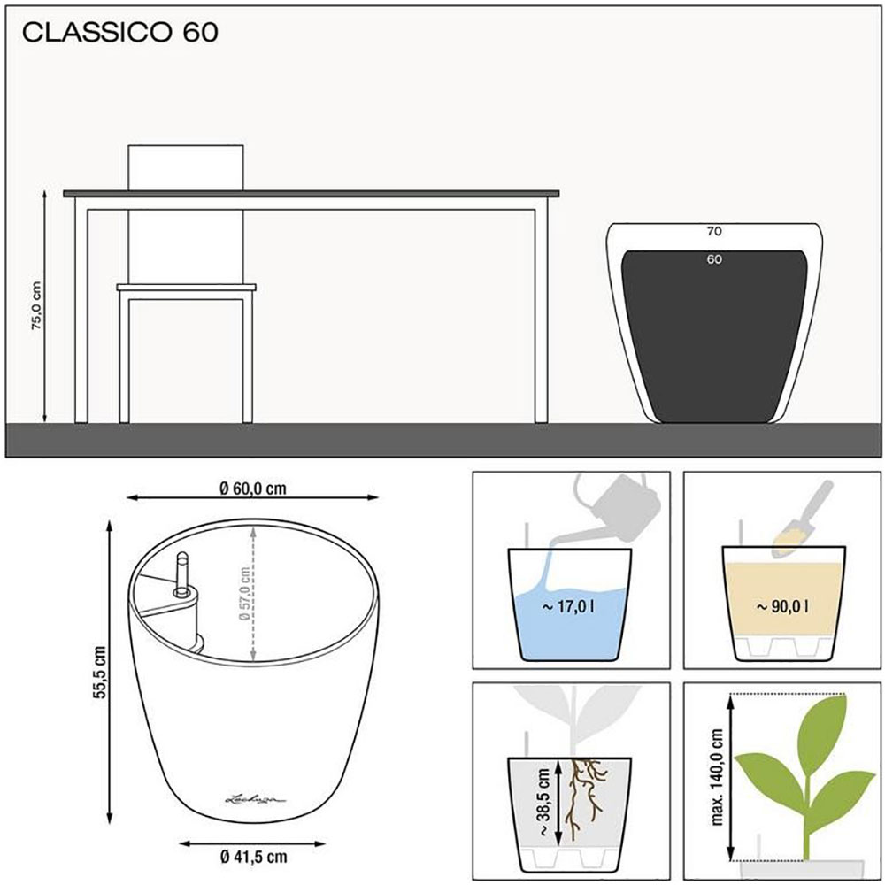 Кашпо Lechuza Classico Premium LS 60 Черный (14509) (4008789145093) Дополнительно система автополива, емкость для воды: 17 л, объем для растений: 90 л, размер внутреннего горшка: Ø 57 см, глубина посадки: 38,5 см, макс. высота. растения: 140 см