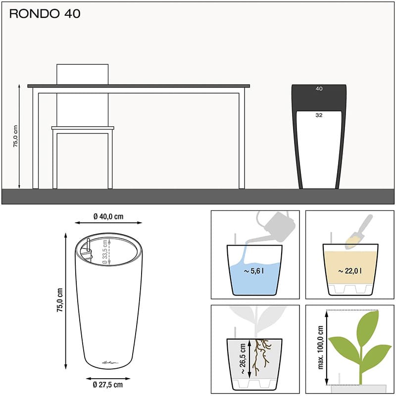 Вазон LECHUZA RONDO 40 Anthracite matte (4008789157423) Дополнительно С автополивом; Максимальная высота растения 100 см; Объем резервуара для воды 7.5 л; Общий объем 31 л
