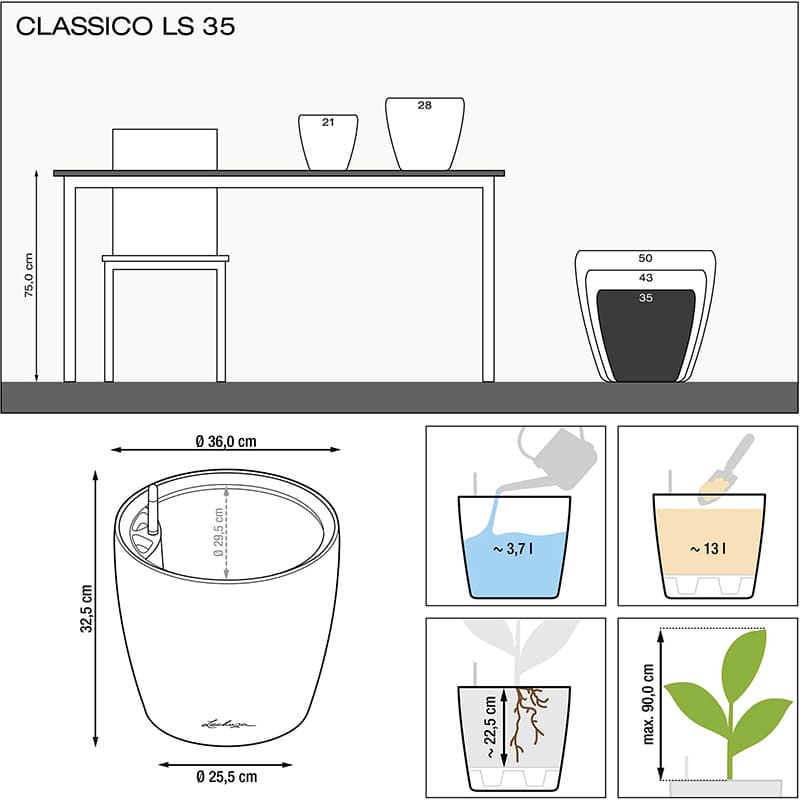 Вазон LECHUZA Classico Premium LS 35 Anthracite (4008789160638) Дополнительно С автополивом; Максимальная высота растения 90 см; Объем резервуара для воды 3.7 л; Общий объем 13 л