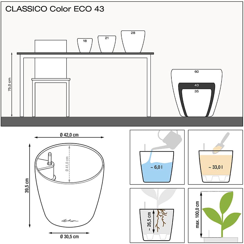 Вазон LECHUZA CLASSICO Color ECO 43 Dark Grey (4008789189455) Дополнительно С автополивом; Максимальная высота растения 100 см; Объем резервуара для воды 6 л; Общий объем 33 л