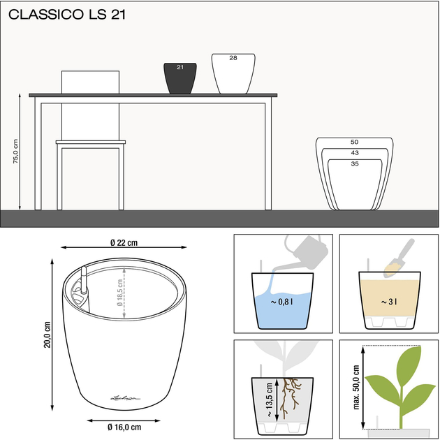 Фото Горшок для растений LECHUZA Classico Premium LS 21 Anthracite (16023)