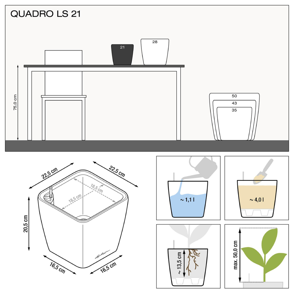 Фото Горшок для растений LECHUZA Quadro Premium LS 21 Anthracite (16123)