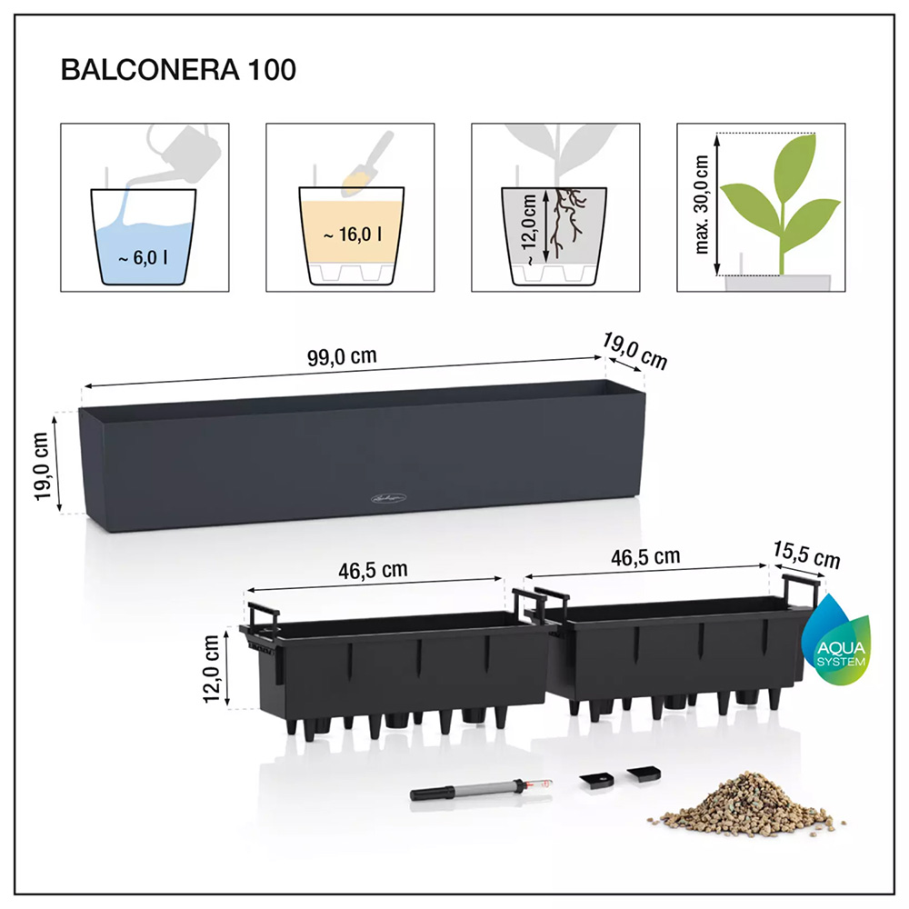 Кашпо LECHUZA BALCONERA Color 100 сірий (15918) Розміри 99 х 19 х 19
