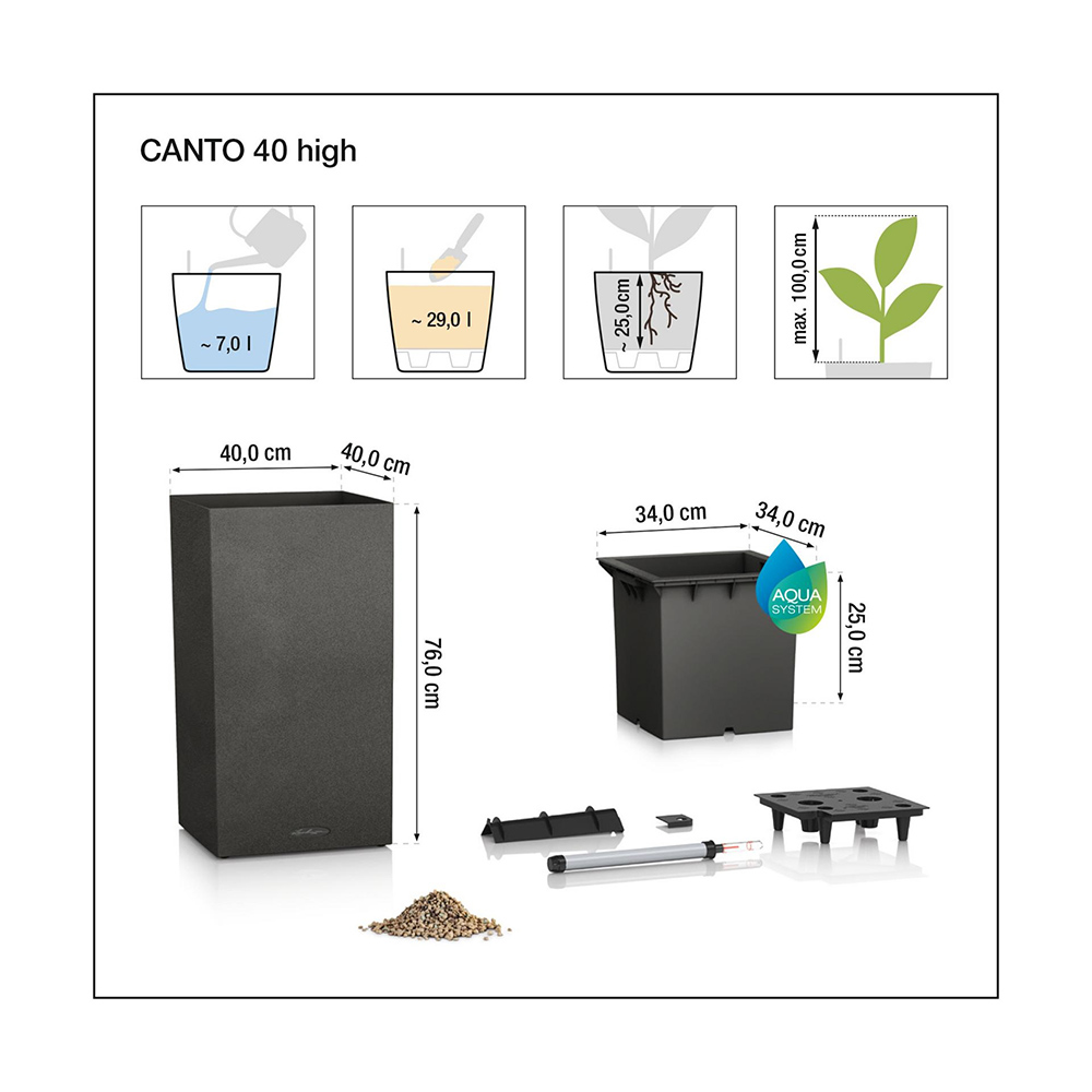 Кашпо LECHUZA Canto Slatestone High 40 темно-серый (15956) Дополнительно Резервуар для воды: 7 л; объем для растений: 29 л; размер вставного элемента: 34x34 см; глубина посадочной ямки: 25 см; максимальная высота растений: до 100 см