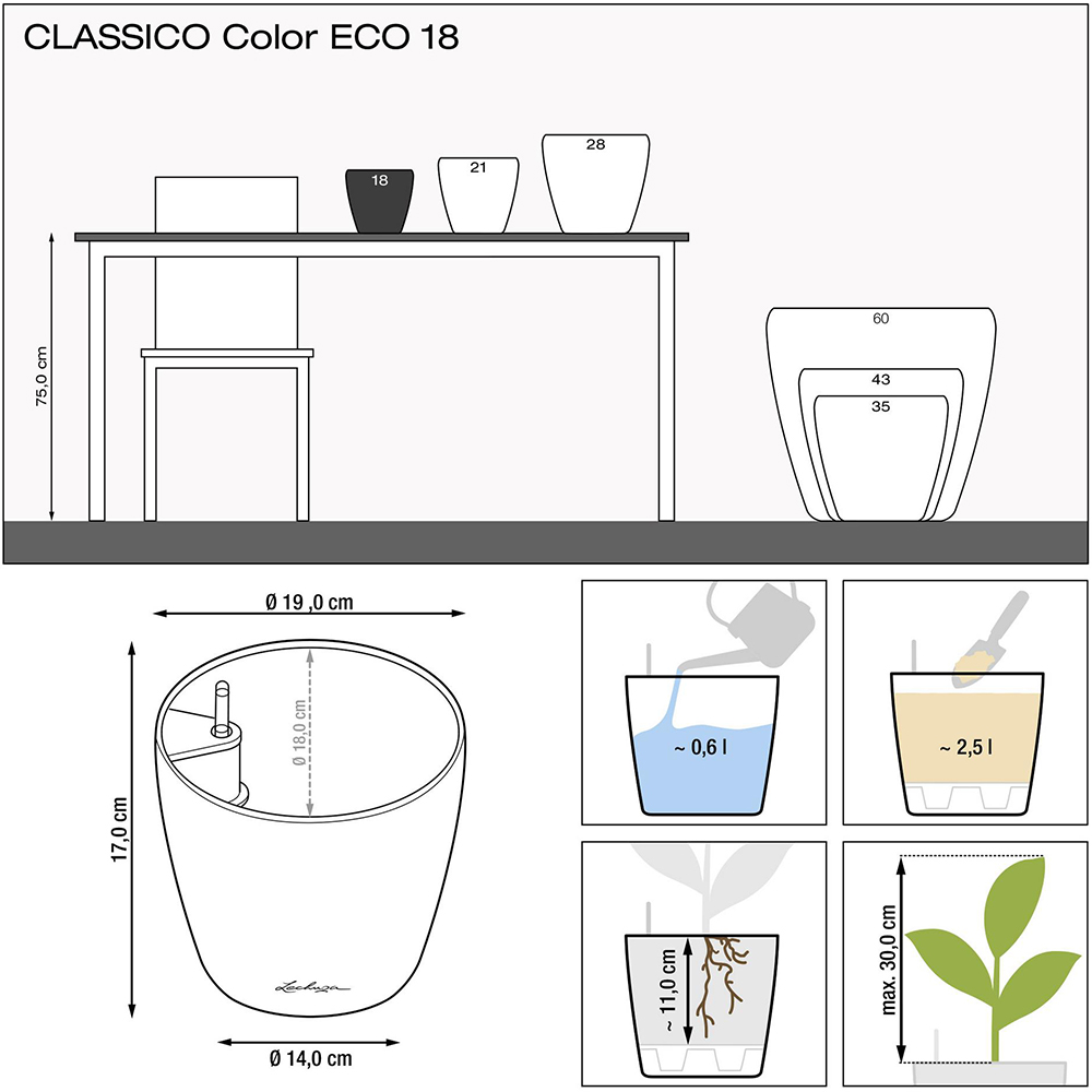 Вазон LECHUZA Classic Eco Eco 18 Dark Gray (18905) Додатково універсальний; система автополиву; ємність для води 0,6 л; об'єм для рослин 2,5 л; внутрішній горщик Ø 18 см; глибина посадки 11 см; макс. висота рослини 30 см
