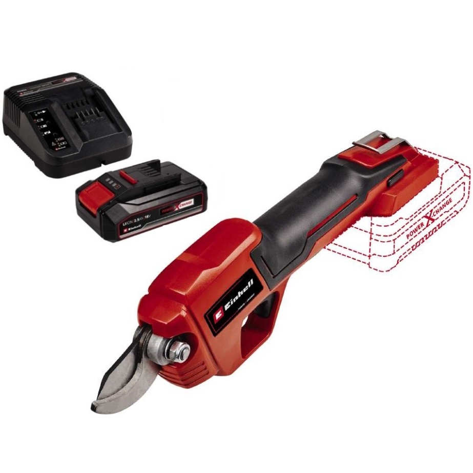 Секатор аккумуляторный EINHELL GE-LS18 Li Kit 18В PXC (3408300K) Дополнительно тип лезвия: Bypass (обводное); количество срезов на одном заряде: до 1783 (ветки Ø 15 мм); клипса для пояса, переключатель безопасности, эргономичная ручка с Softgrip