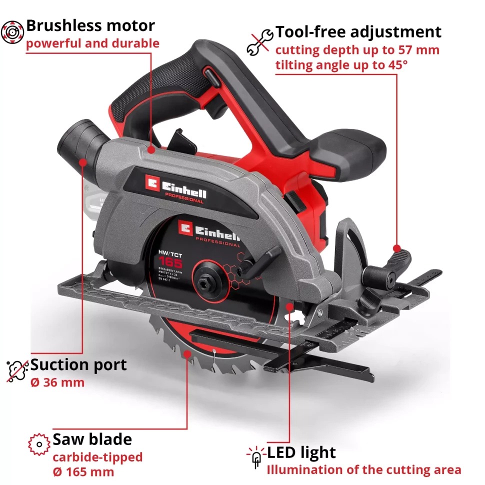 Пила циркулярна EINHELL TP-CS 18/165 Li BL-Solo (4331225) Номінальний діаметр пиляльного диска 165