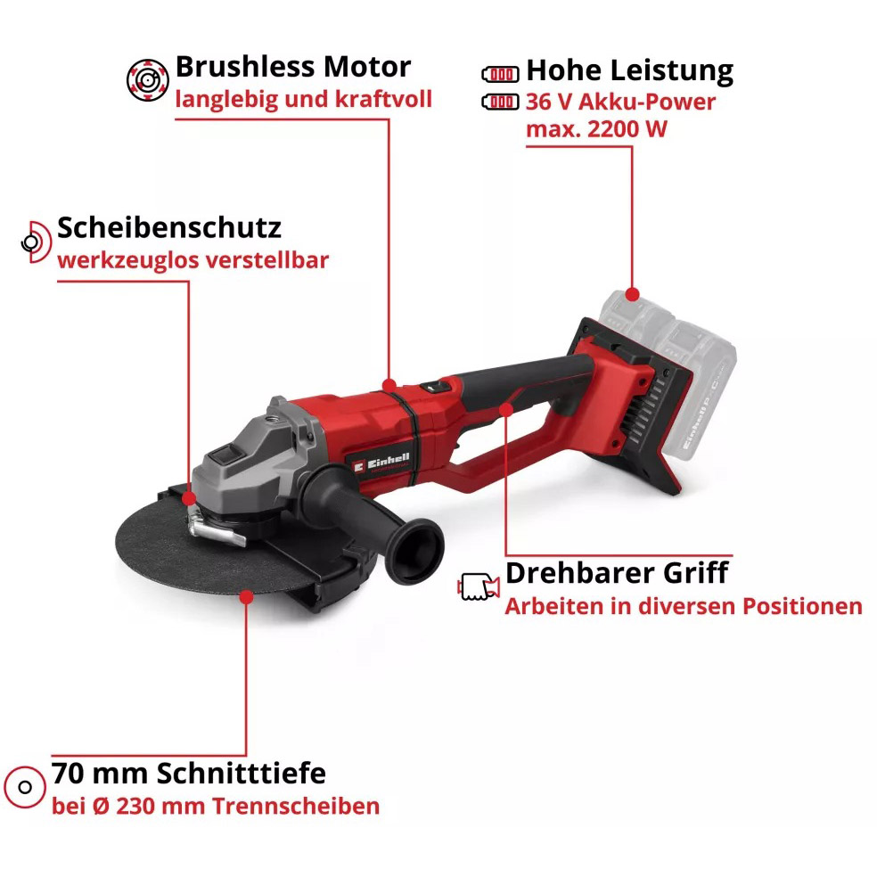 Кутова шліфувальна машина EINHELL Professional TP-AG 36/230-22 Li BL Solo без АКБ та ЗУ (4431161) Тип живлення акумулятор