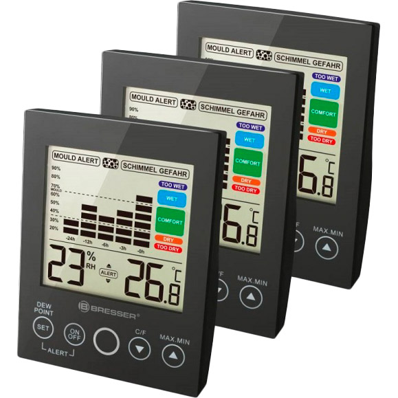 

Термогигрометр BRESSER MA With Mould Alert Black 3 шт (7007411), Термометр-гигрометр MA With Mould Alert Black 3шт