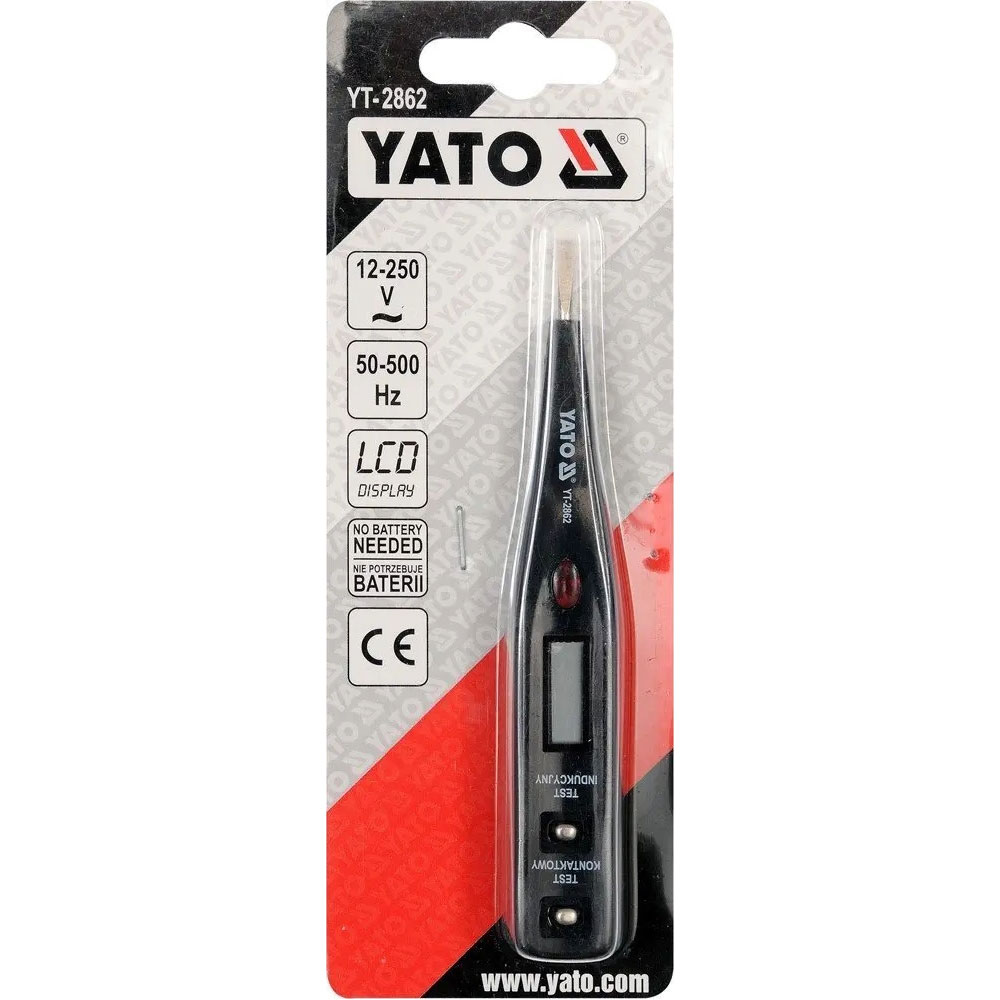 Індикатор напруги YATO 12-250В (YT-2862) Додатково LCD-дисплей, LED-індикатор, діапазон напруги – 12-250 В, частота – 50-500 Гц