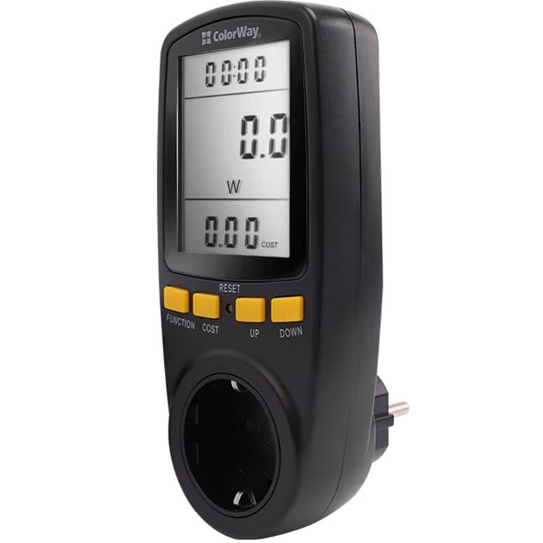 Вольтметр цифровий COLORWAY для розетки 16A/3680W Black (CW-VM16-02D) Додатково Діапазон вимірів: Час: 0 сек – 9999 днів; Потужність: 0.0W - 9999W; Напруга: 0.0V - 9999V; Струм: 0.000A - 9999A; Частота: 0Hz - 9999Hz; Енергія: 0.000KWh - 9999KWh; Вартість: 0.00 - 9999 cost;