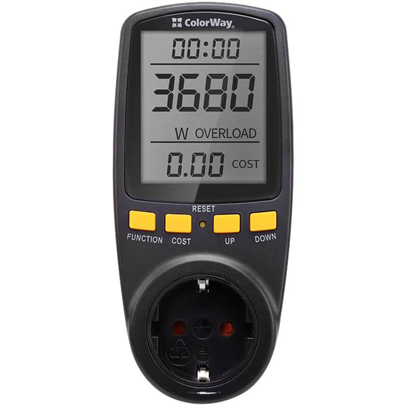 Вольтметр цифровий COLORWAY для розетки 16A/3680W Black (CW-VM16-02D)