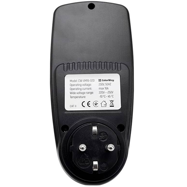 Фото 4 Вольтметр цифровий COLORWAY для розетки 16A/3680W Black (CW-VM16-02D)
