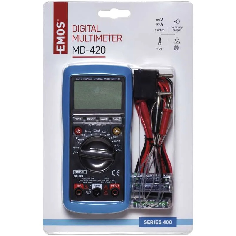 Мультиметр EMOS MD-420 (M0420) Комплектация мультиметр, измерительные провода, редуктор для измерения транзисторов, зонд температурный типа K, фиксатор крышки батарейного отсека, 3 батарейки AAA, инструкция