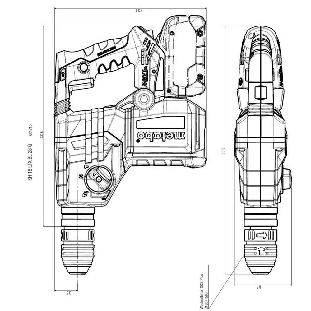 Перфоратор METABO KH 18 LTX BL 28 Q SDS-plus 18В без АКБ і ЗП (601715850) Тип патрона SDS-plus