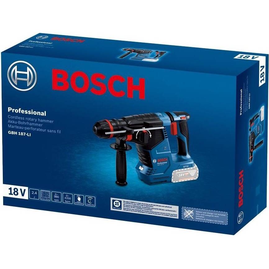 Перфоратор BOSCH GBH 187-LI SDS-plus 18В без АКБ та ЗП (0.611.923.120) Напряжение аккумулятора 18