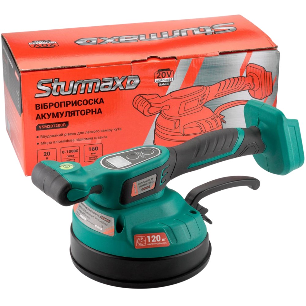 Віброприсоска STURMAX VSM20120CR без акумулятора та зарядного пристрою Функції і особливості Тип живлення: акумуляторний; Напруга: 20 В; Частота вібрації: 0-10000 вібр/хв; Вантажопідйомність: 120 кг; Діаметр підошви: 160 мм