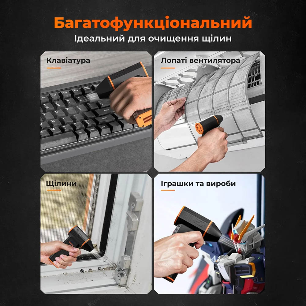 Вентилятор WOLFBOX MegaFlow 50 (MF50) Комплектація Основной корпус устройства, насадка для надува кровати, плоская насадка, длинная насадка, круглая насадка, кабель для зарядки, инструкция пользователя