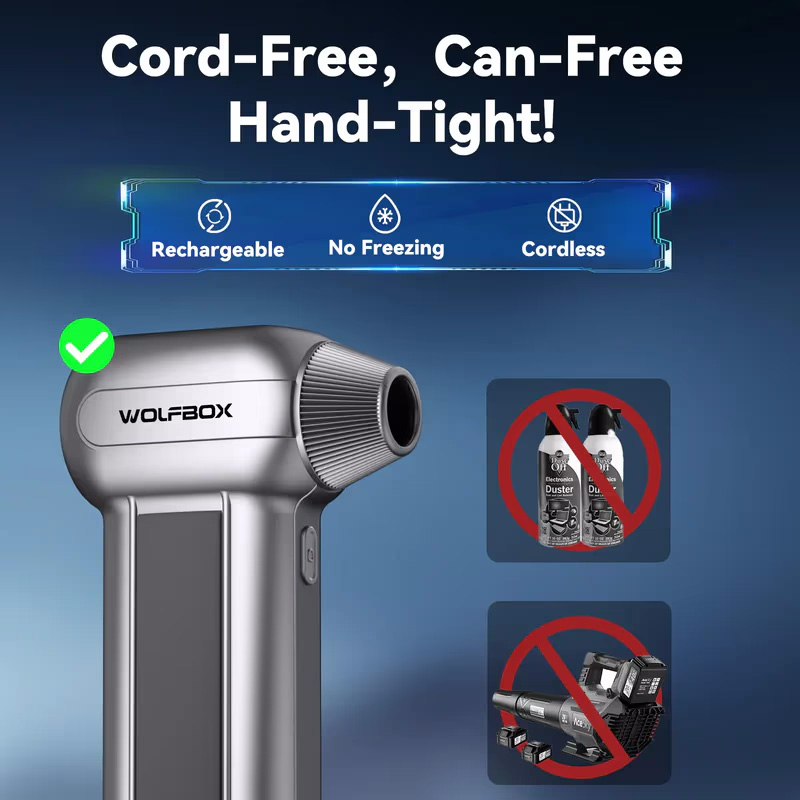 Вентилятор WOLFBOX MegaFlow 100 (MF100) Додатково макс. швидкість повітряного потоку: 45м/с; ємність акумулятора: 6000 mAh; режими роботи: 3 швидкість (150 000 RPM), 2 швидкість (80 000 RPM), 1 швидкість (30 000 RPM); час роботи: 10-100хв; час заряджання: 2.5ч