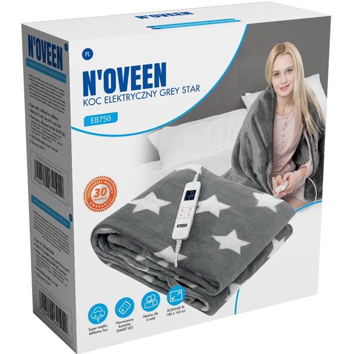 Електроковдра NOVEEN EB750 super soft 180x160cm Grey Star (73014) Особливості Після від'єднання можна прати в пральній машині (макс. 30°C);