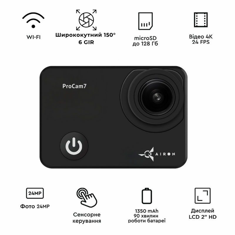 Экшн-камера AIRON ProCam 7 Black набор блогера 12 в 1 (4822356754790) Частота кадров в минуту при максимальном разрешении 24