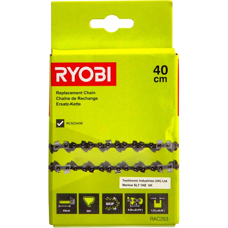 Цепь для пилы RYOBI RAC253 40 см 1.27мм 3/8" (5132004345) Дополнительно Совместимые модели: Ryobi RCS2340B; Длина цепи: 40 см; Шаг пилочной цепи: 9.5 мм; Количество звеньев пильной цепи: 56 шт