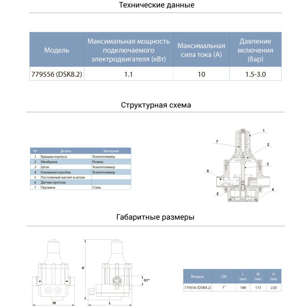 Контролер тиску AQUATICA 1.1 кВт D1" (779556) Тип реле та контролери тиску