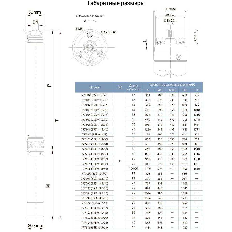 Насос свердловинний DONGYIN 1,5 кВт H 108(80)м Q 90(60)л/хв D80мм 50м кабелю (777395) Тип свердловинний