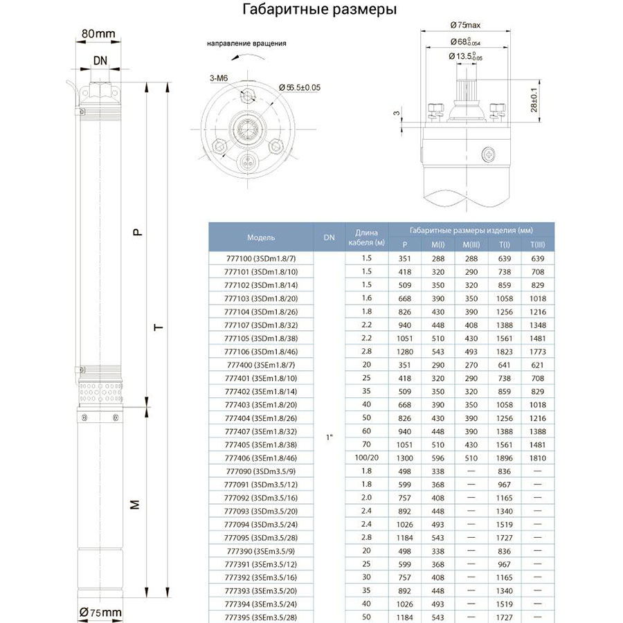 Насос свердловинний DONGYIN 3SDm3.5/20 (777093) Тип свердловинний