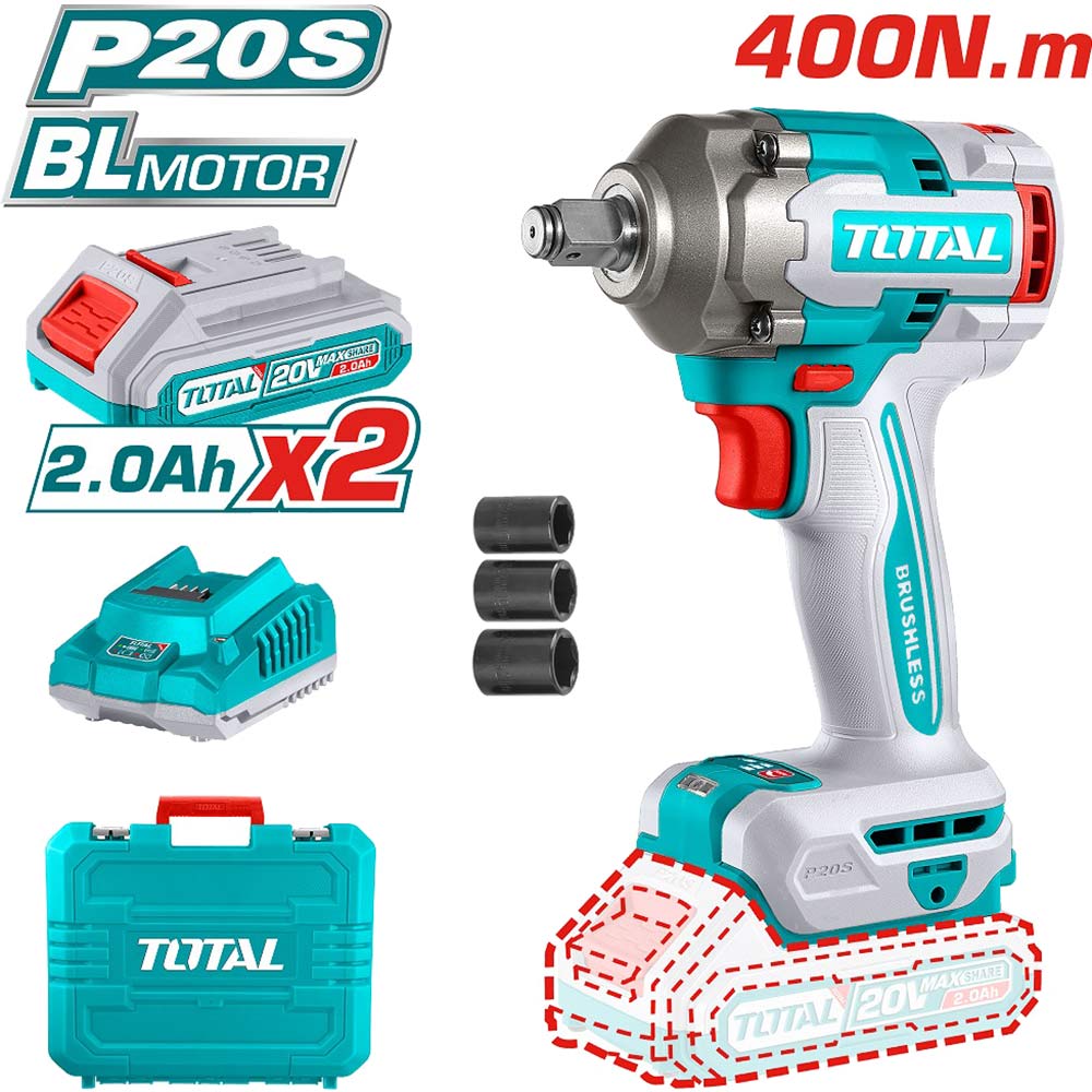 Гайковерт ударний TOTAL TIWLI2040 20В Додатково 3 швидкості: до 1600/1900/2300 об/хв; Частота ударів: до 2100/2500/2900 уд/хв;
