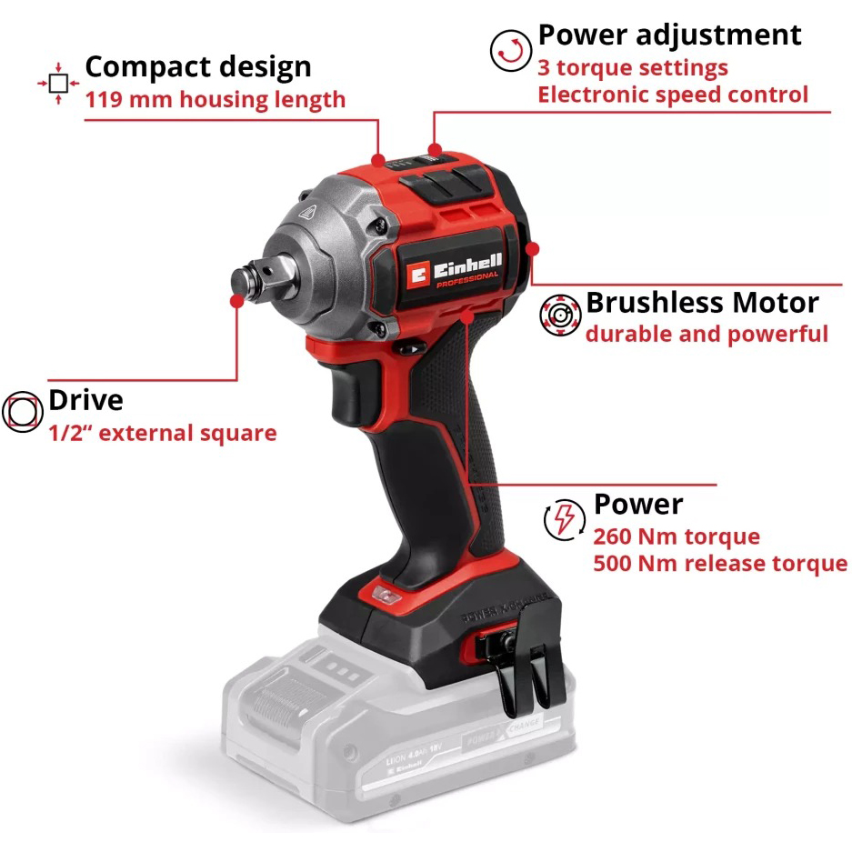 Гайковерт EINHELL TP-CW 18/260-C Li BL Solo (4510090) Тип акумулятора Li-Ion