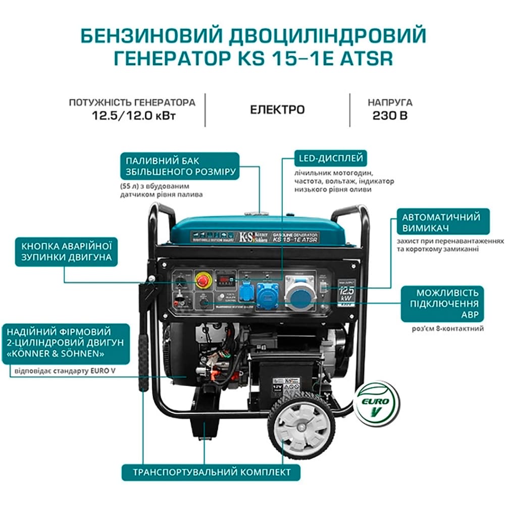 Генератор бензиновый KONNER&SOHNEN KS 15-1E ATSR АВР(ATS) (KS15-1EATSR) Выходное напряжение  12