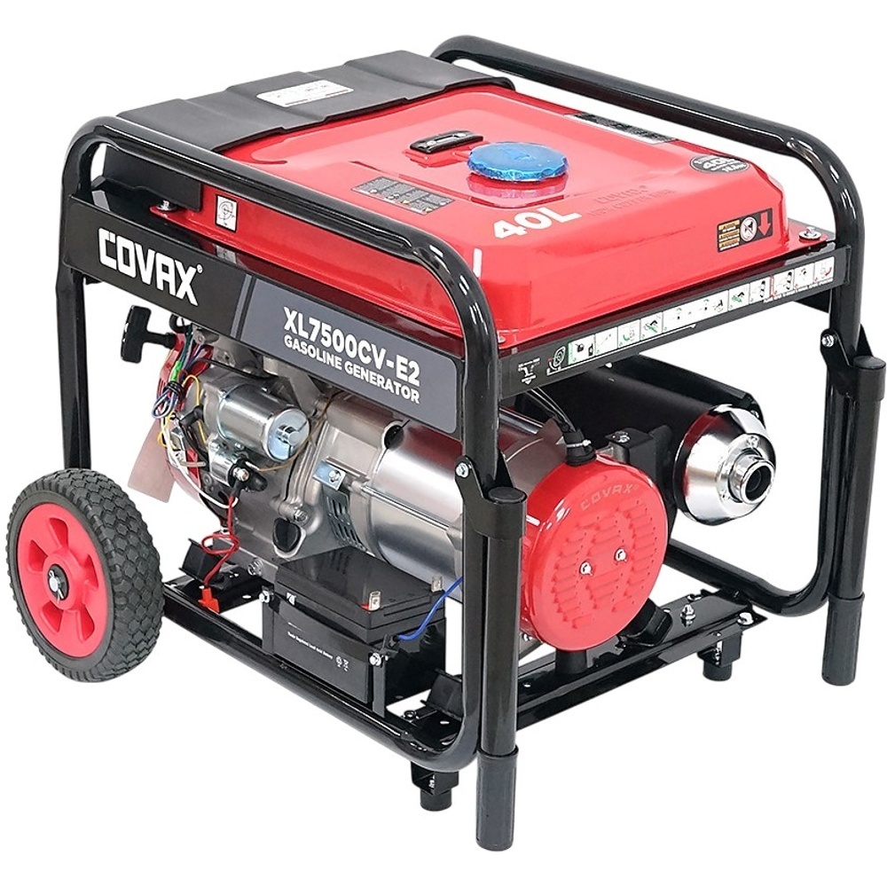 Генератор бензиновый COVAX XL7500CV-E2 Дополнительно воздушное охлаждение (принудительное); медная обмотка (100%); AVR; DC 12В / 8.3А; топливо АИ-92/95; без АКБ; стальная рама