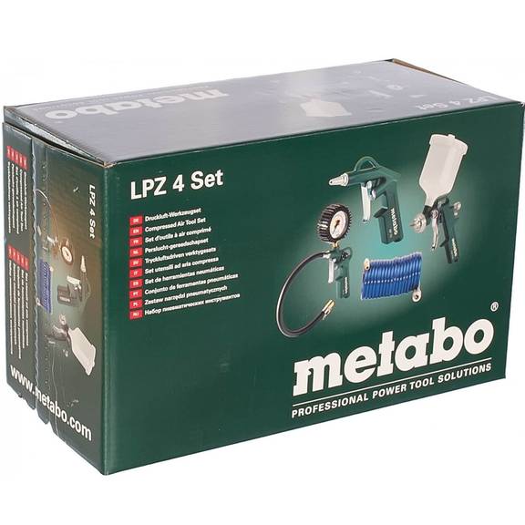 Набір пневматичного інструменту METABO LPZ 4 Set 4 одиниці (601585000) Комплектація Краскопульт FSP 600; Продувний пістолет BP 10; Пневматичний шинний манометр RF 60; Спіральний шланг 5 метрів: Картонна коробка.