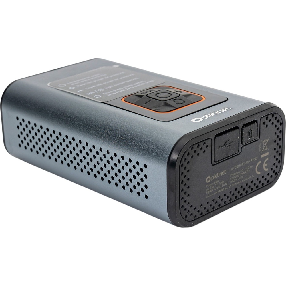 Компрессор PLATINET Tire Compressor 3-in-1 Pump Light Power Bank 10bar 4000mah (PTC22) Дополнительно Power bank 4000 mAh; LED фонарик с режимом SOS; USB-C и USB-A; дисплей; длина шланга 18 см; время зарядки 4–5 часов; мощность зарядки 5 W; 3 в 1 (компрессор / power bank / фонарик)
