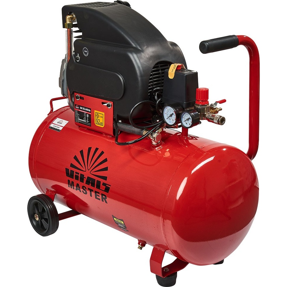 Компресор VITALS Master GK55.t48-8а (160112) Додатково 1-фазний; Поршневий компресор; Прямий привід; Мідний двигун; Швидкознімне з'єднання; Зворотний клапан; 2 манометри; Запобіжний клапан; Паперовий фільтр; Захисний кожух