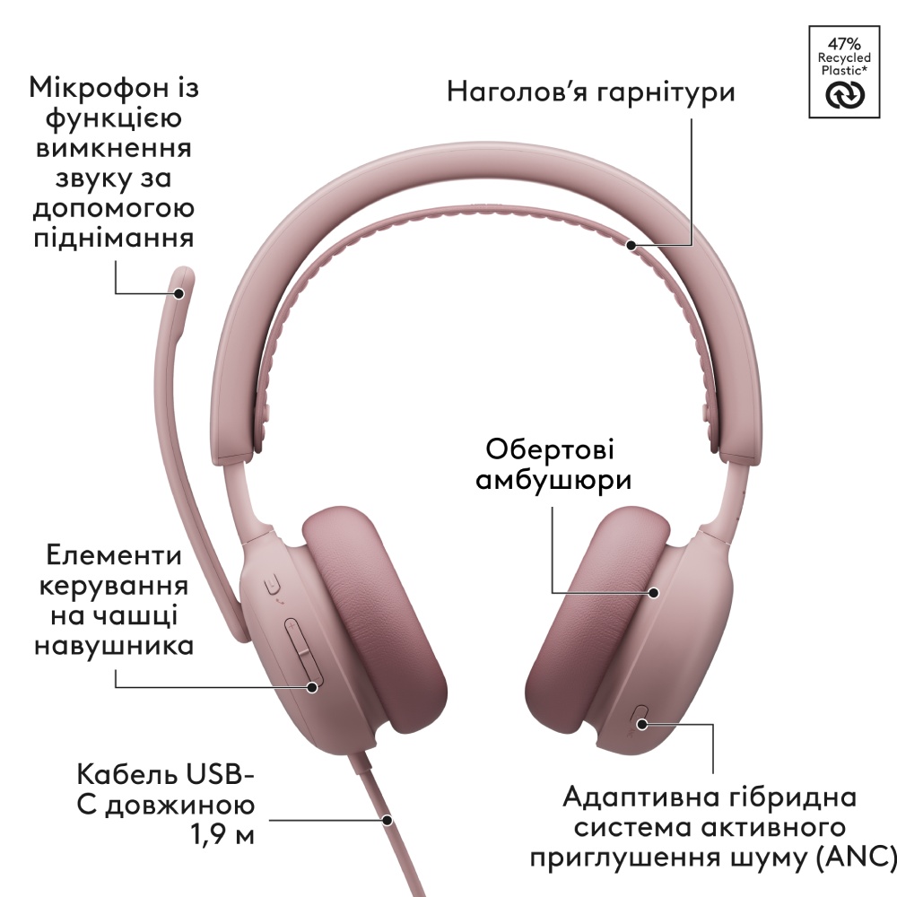 Гарнітура LOGITECH ZONE Wired 2 Rose (981-001620) Додатково Розміри: 185,2 х 183,6 х 73 мм; Система активного шумопоглинання