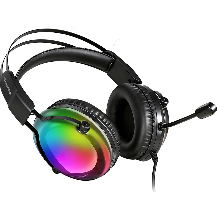 Гарнитура COLORWAY Firestrike RGB Black (CW-HPG04BK) Дополнительно мягкие амбушюры из экокожи; саморегулируемое оголовье с эластичным ремешком; всенаправленный микрофон; корпус из ABS-пластика и металла