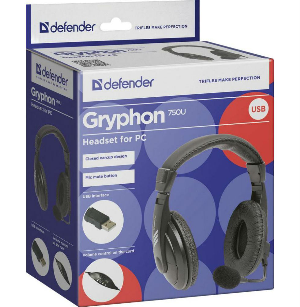 Гарнітура DEFENDER Gryphon 750U USB, black (63752) Особливості регулятор гучності