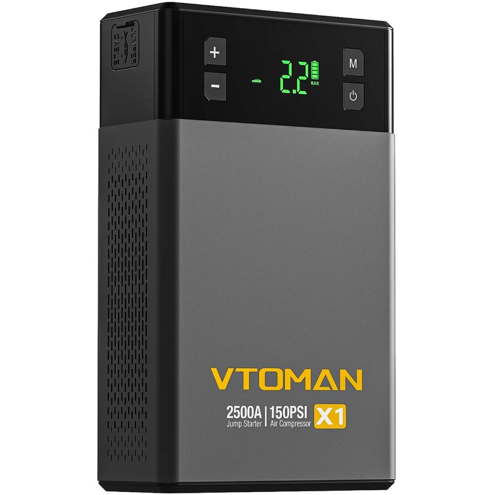 Пуско-зарядное устройство VTOMAN Jump Starter X1 2500A з компресором 150PSI (X1_VTOMAN) Дополнительно Светодиодный фонарь 400 люмен с 3 режимами: фонарик, SOS, стробоскоп. Температура: от -20 °C до 60 °C. РК-экран. Встроенный компрессор с функцией определения давления в шинах