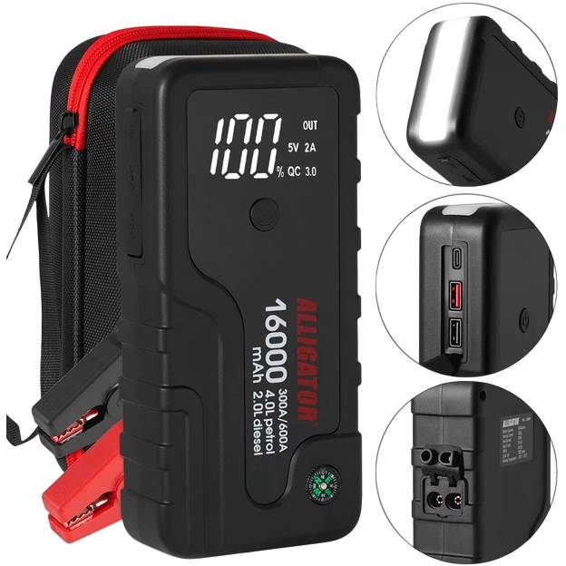 Пусковое устройство ALLIGATOR 16000mAh 300A/600A (JS841) Дополнительно Type C Вход - 5V2A ;USB1 Выход – 5V2A; USB2 Выход – 5V2,4A (3,1А макс); LCD дисплей, LED фонарь;