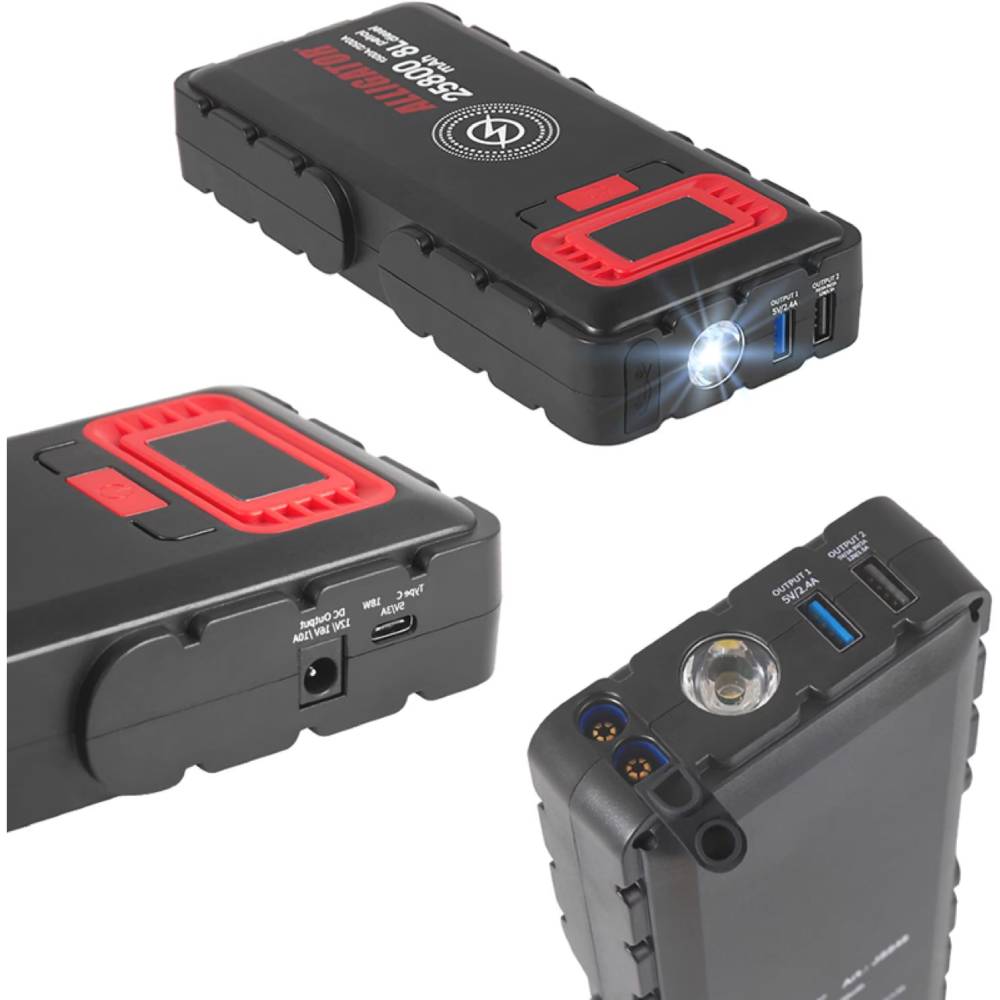 Пусковое устройство ALLIGATOR 1500A/2500A 25800mAh SMART-клеммы (JS848) Дополнительно Тип разъема: 1 х Anderson port, 1 х DC, 1 х Type-C, 2 х USB; Вход 5V/3A, 9V/2A; Выход 5V/2.4A, 5V/3A, 9V/2A, 12V/10A, 12V/1.5A, 16V/10A